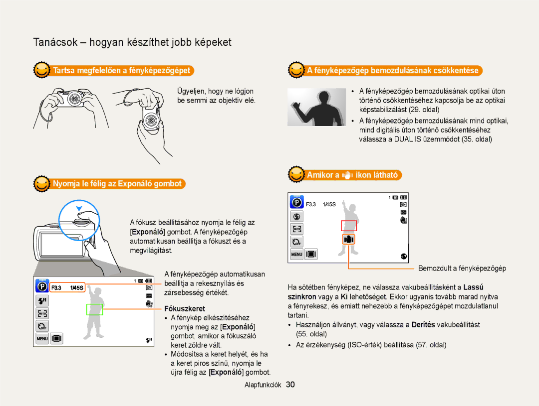 Samsung EC-ST65ZZBPUE2, EC-ST65ZZBPSE1 manual Amikor a h ikon látható Nyomja le félig az Exponáló gombot, Fókuszkeret 