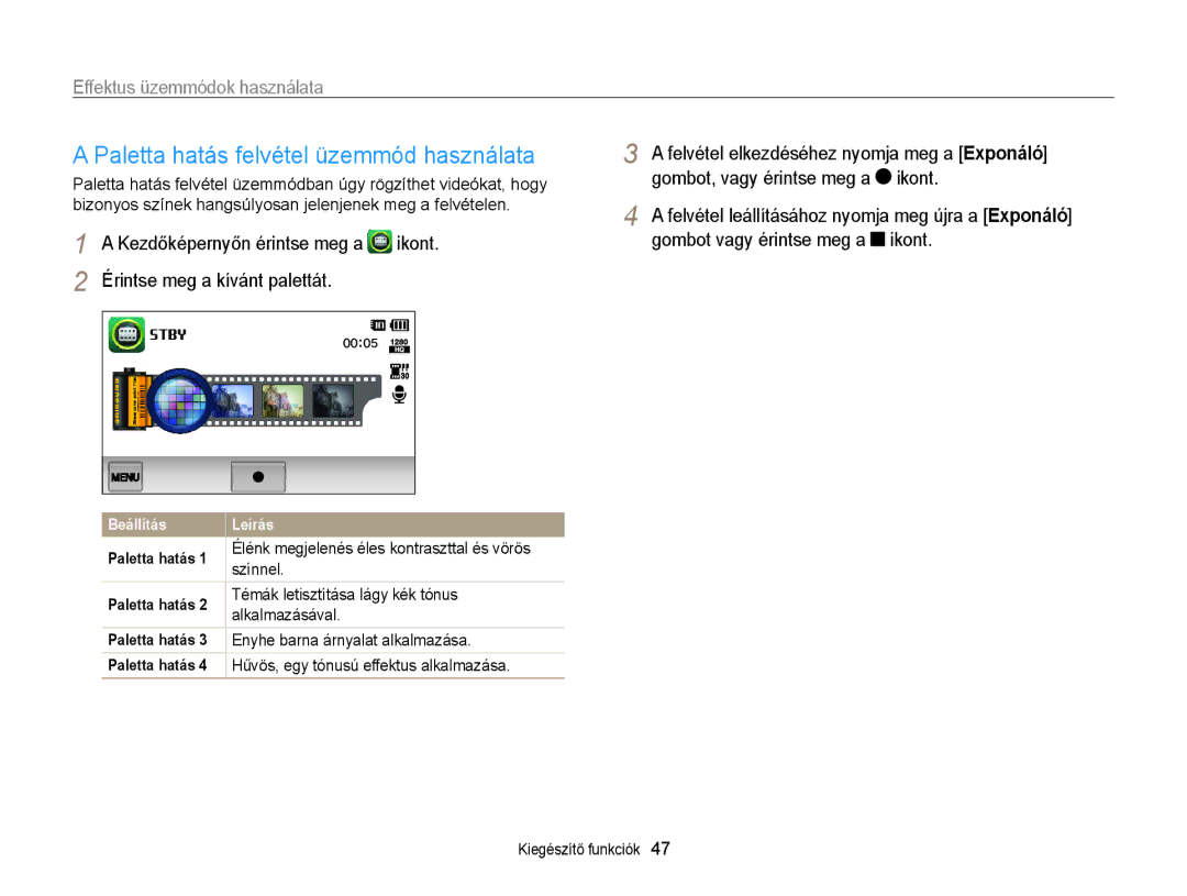 Samsung EC-ST65ZZBPBE3 manual Paletta hatás felvétel üzemmód használata, Színnel, Témák letisztítása lágy kék tónus 