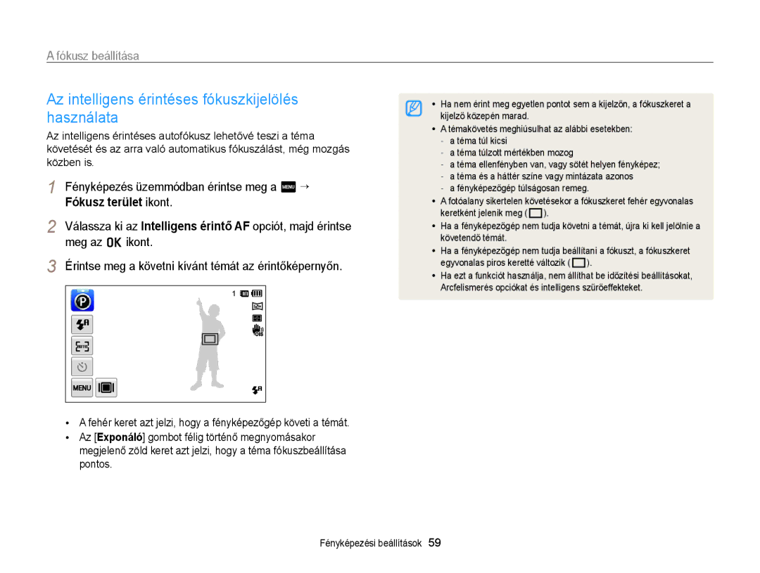 Samsung EC-ST6500BPBE3 manual Az intelligens érintéses fókuszkijelölés használata, Fókusz beállítása, Meg az o ikont 