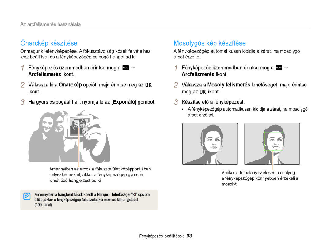 Samsung EC-ST65ZZBPUE2, EC-ST65ZZBPSE1 Önarckép készítése, Mosolygós kép készítése, Az arcfelismerés használata, Oldal 