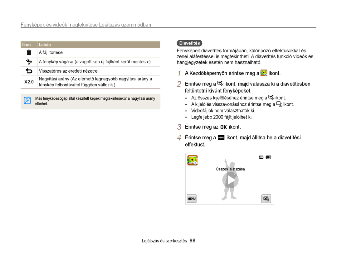 Samsung EC-ST65ZZBPUE1, EC-ST65ZZBPSE1 manual Feltüntetni kívánt fényképeket, Érintse meg az o ikont, Effektust, Diavetítés 