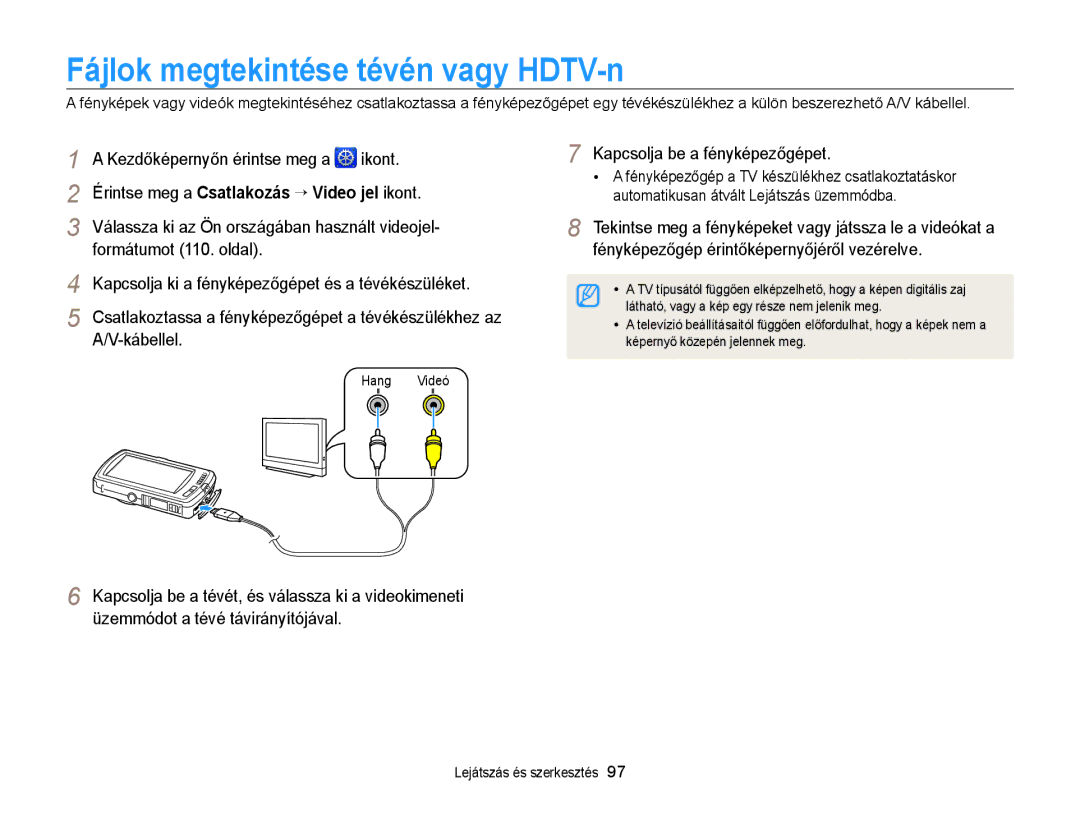 Samsung EC-ST6500BPSE3 manual Fájlok megtekintése tévén vagy HDTV-n, Formátumot 110. oldal Kapcsolja be a fényképezőgépet 