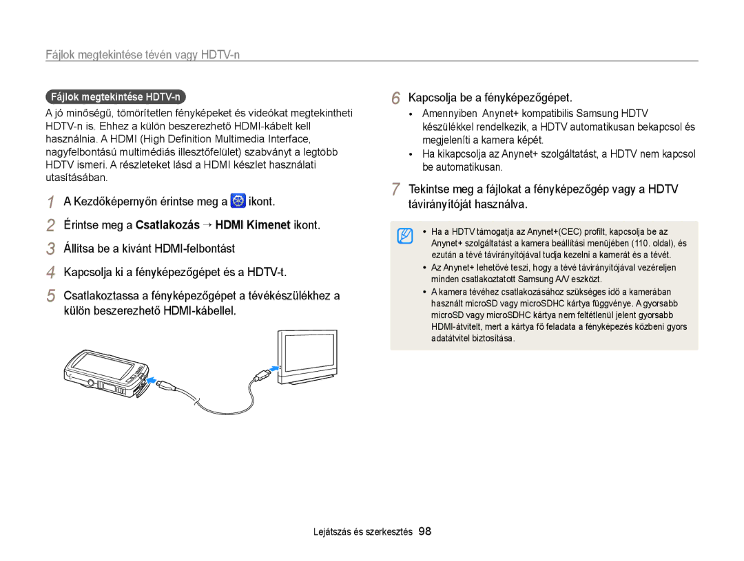 Samsung EC-ST65ZZBPSE1, EC-ST65ZZBPUE1 manual Fájlok megtekintése tévén vagy HDTV-n, Állítsa be a kívánt HDMI-felbontást 