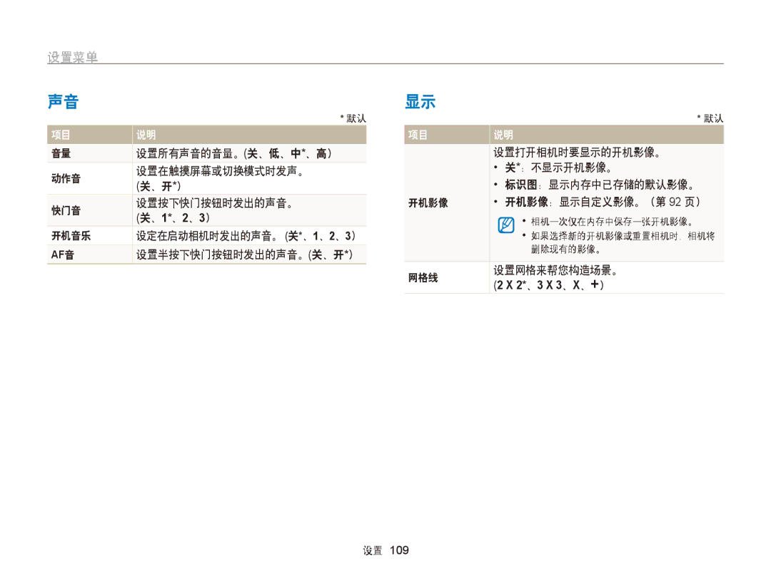 Samsung EC-ST65ZZBPSE1, EC-ST65ZZBPUE1 manual 设置菜单, 开机音乐 设定在启动相机时发出的声音。 关 、 、 、 ）, 设置半按下快门按钮时发出的声音。关、开*） 网格线 设置网格来帮您构造场景。 