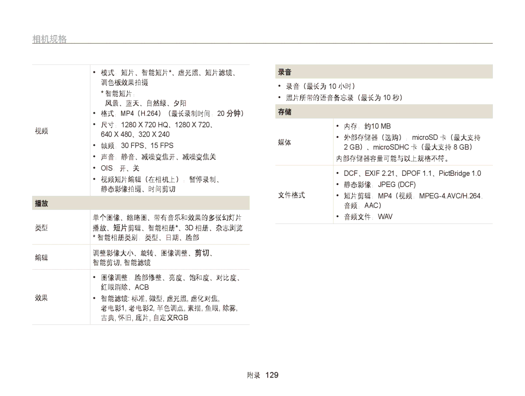 Samsung EC-ST65ZZBPUE2 智能短片： 风景、蓝天、自然绿、夕阳 格式：MP4（H.264）（最长录制时间：20 分钟）, 声音：静音、减噪变焦开、减噪变焦关 Ois：开、关, 智能相册类别：类型、日期、脸部, 文件格式 