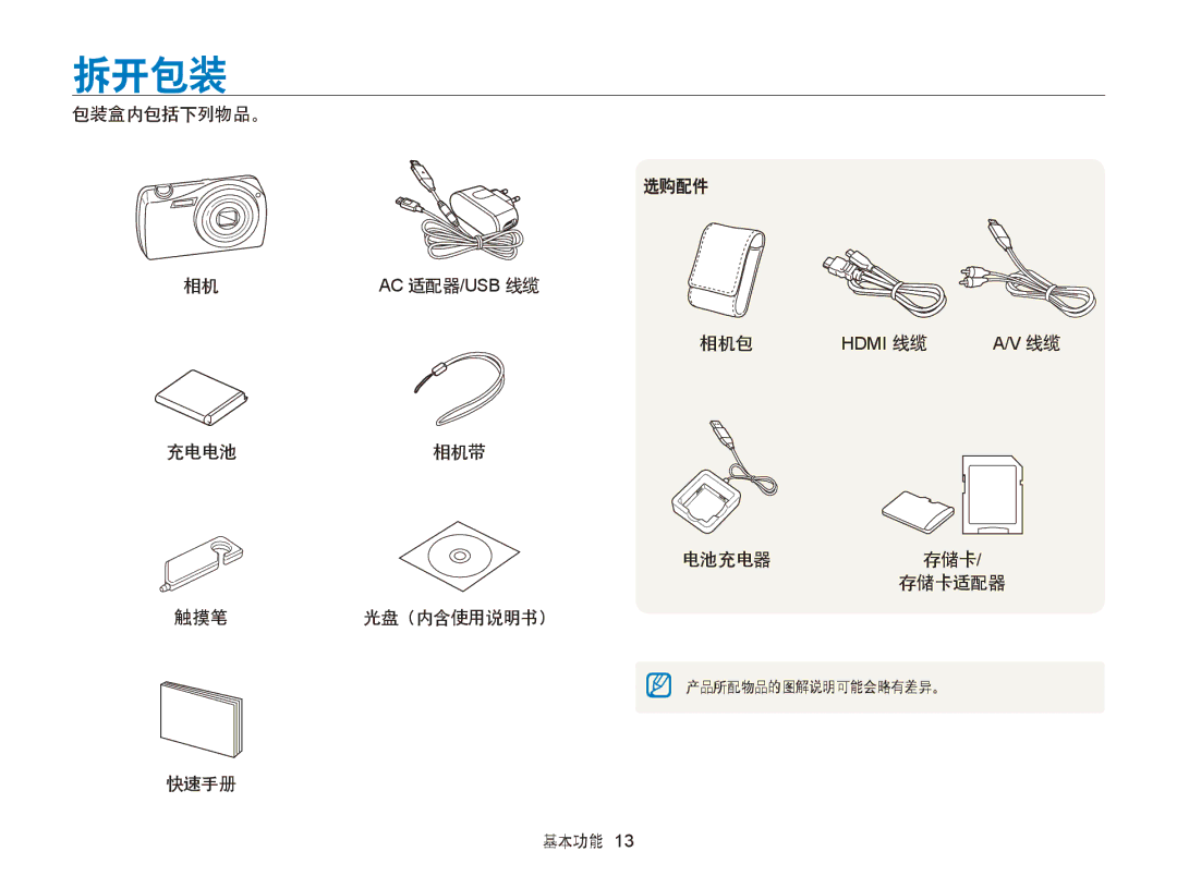 Samsung EC-ST65ZZBPSE3 manual 拆开包装, 包装盒内包括下列物品。 选购配件, 适配器 相机包, 充电电池相机带 电池充电器 存储卡/ 存储卡适配器 触摸笔 光盘（内含使用说明书）, 快速手册 基本功能 