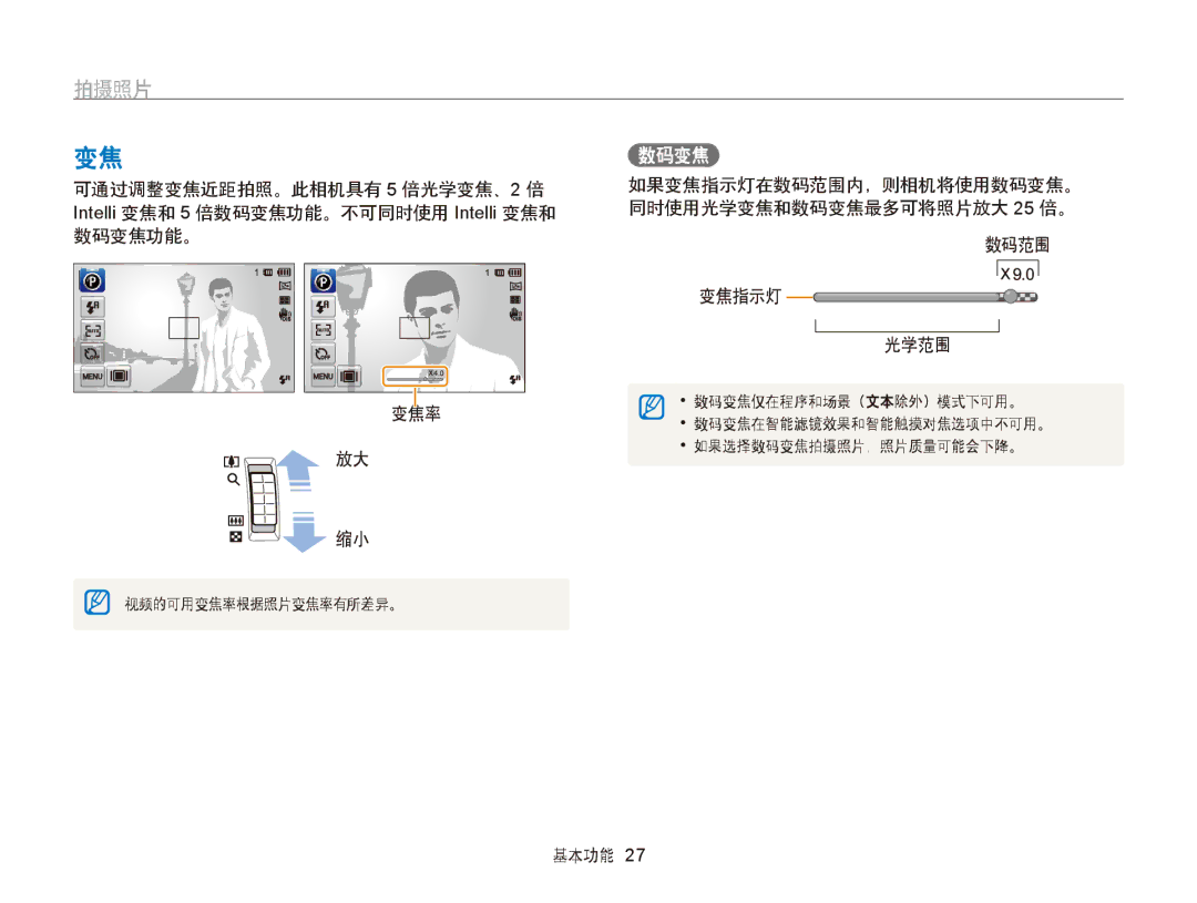 Samsung EC-ST65ZZBPEE3, EC-ST65ZZBPSE1, EC-ST65ZZBPUE1 拍摄照片, 如果变焦指示灯在数码范围内，则相机将使用数码变焦。 同时使用光学变焦和数码变焦最多可将照片放大 25 倍。 光学范围 