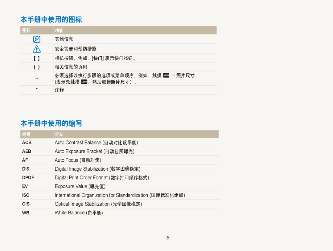 Samsung EC-ST65ZZBPEE3, EC-ST65ZZBPSE1, EC-ST65ZZBPUE1, EC-ST65ZZBPRE3, EC-ST65ZZBPSE3, EC-ST65ZZBPBE3 本手册中使用的图标, 本手册中使用的缩写 