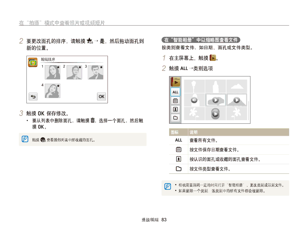 Samsung EC-ST65ZZBPRE2, EC-ST65ZZBPSE1 要更改面孔的排序，请触摸 → 是，然后拖动面孔到 新的位置。, 触摸 o 保存修改。, 在主屏幕上，触摸 。 触摸 →类别选项, 在智能相册中以缩略图查看文件 