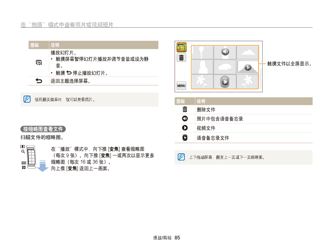 Samsung EC-ST65ZZBPUE2 manual 按缩略图查看文件, 播放幻灯片。 触摸屏幕暂停幻灯片播放并调节音量或设为静 触摸 停止播放幻灯片。 返回主题选择屏幕。, 扫描文件的缩略图。 在播放模式中，向下推 变焦 查看缩略图 