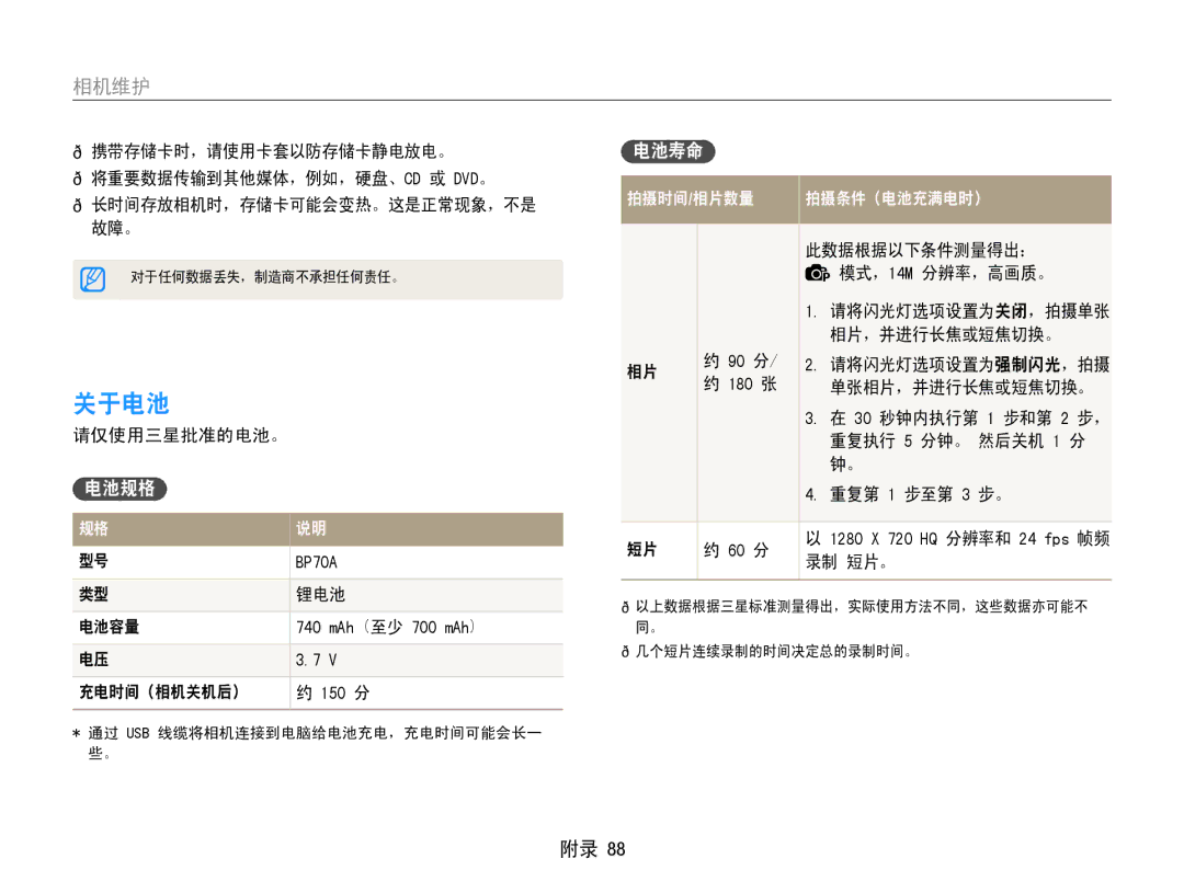 Samsung EC-ST65ZZBPUE2, EC-ST65ZZBPSE1, EC-ST65ZZBPUE1, EC-ST65ZZBPRE3, EC-ST65ZZBPSE3, EC-ST65ZZBPBE3 manual 关于电池, 电池规格, 电池寿命 