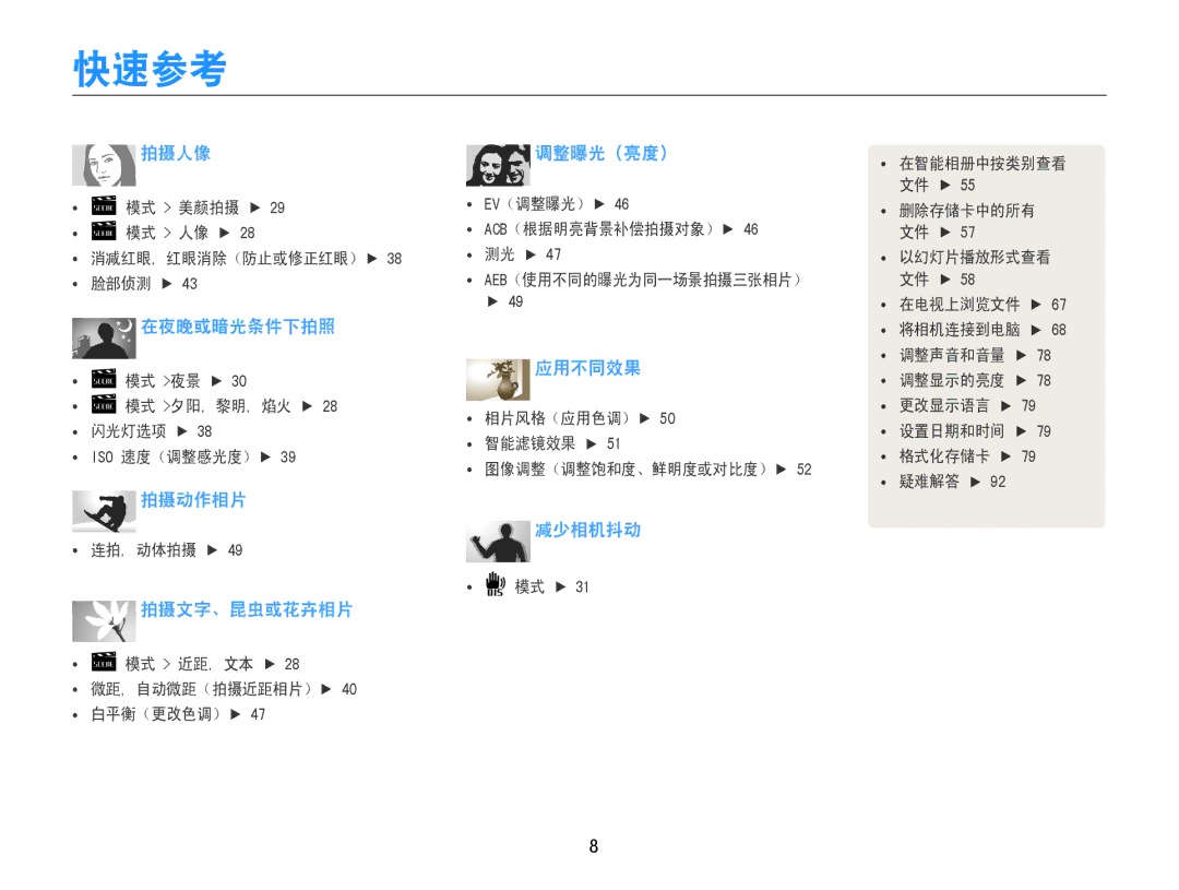Samsung EC-ST65ZZBPSE1, EC-ST65ZZBPUE1, EC-ST65ZZBPRE3, EC-ST65ZZBPSE3, EC-ST65ZZBPBE3, EC-ST65ZZBPEE3 manual 快速参考, 减少相机抖动 