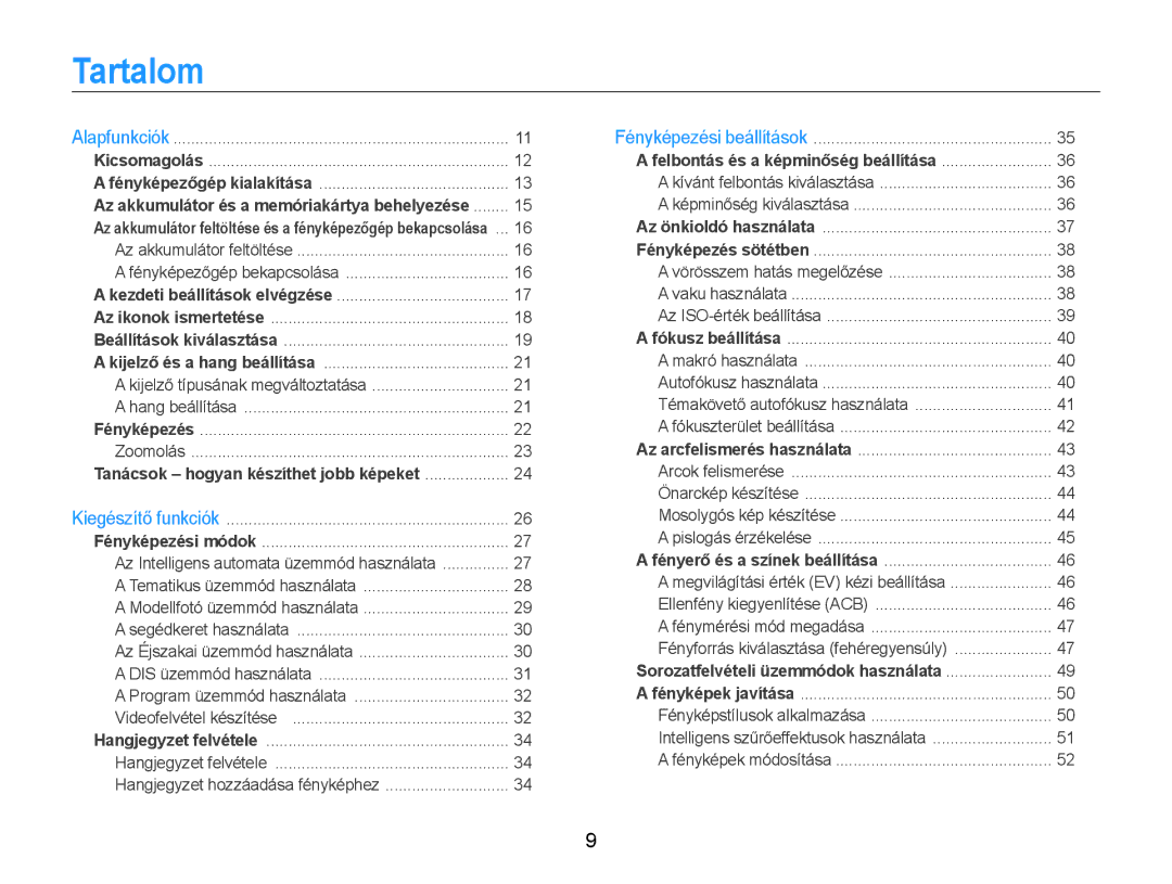 Samsung EC-ST65ZZBPUE1, EC-ST65ZZBPSE1, EC-ST65ZZBPRE3, EC-ST65ZZBPSE3 manual Tartalom, Tanácsok hogyan készíthet jobb képeket 