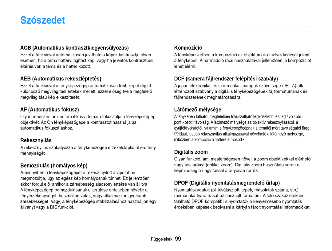 Samsung EC-ST65ZZBPUE1, EC-ST65ZZBPSE1, EC-ST65ZZBPRE3, EC-ST65ZZBPSE3, EC-ST65ZZBPBE3, EC-ST65ZZBPEE3 manual Szószedet 