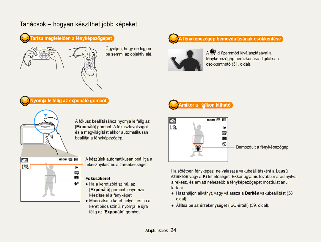 Samsung EC-ST65ZZBPSE2 manual Tartsa megfelelően a fényképezőgépet, Fényképezőgép bemozdulásának csökkentése, Fókuszkeret 