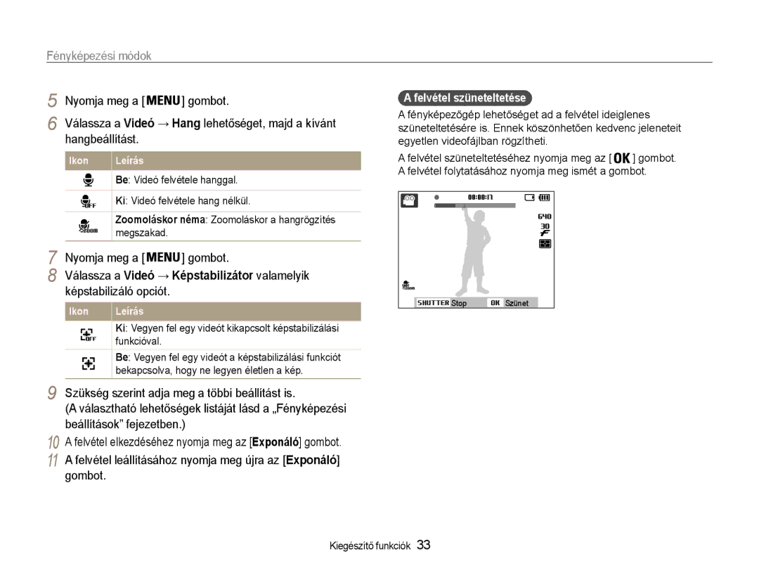 Samsung EC-ST65ZZBPSE2 manual Hangbeállítást, Szükség szerint adja meg a többi beállítást is, Beállítások fejezetben 