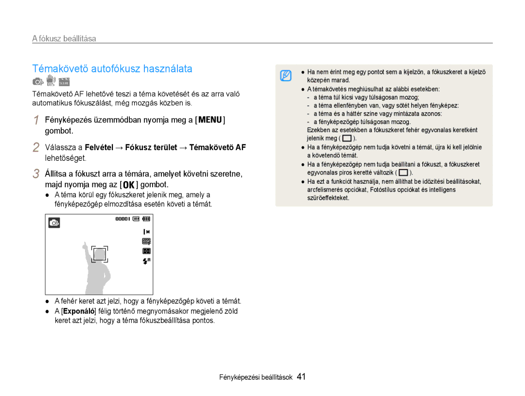 Samsung EC-ST65ZZBPRE2, EC-ST65ZZBPSE1, EC-ST65ZZBPUE1, EC-ST65ZZBPRE3, EC-ST65ZZBPSE3 manual Témakövető autofókusz használata 