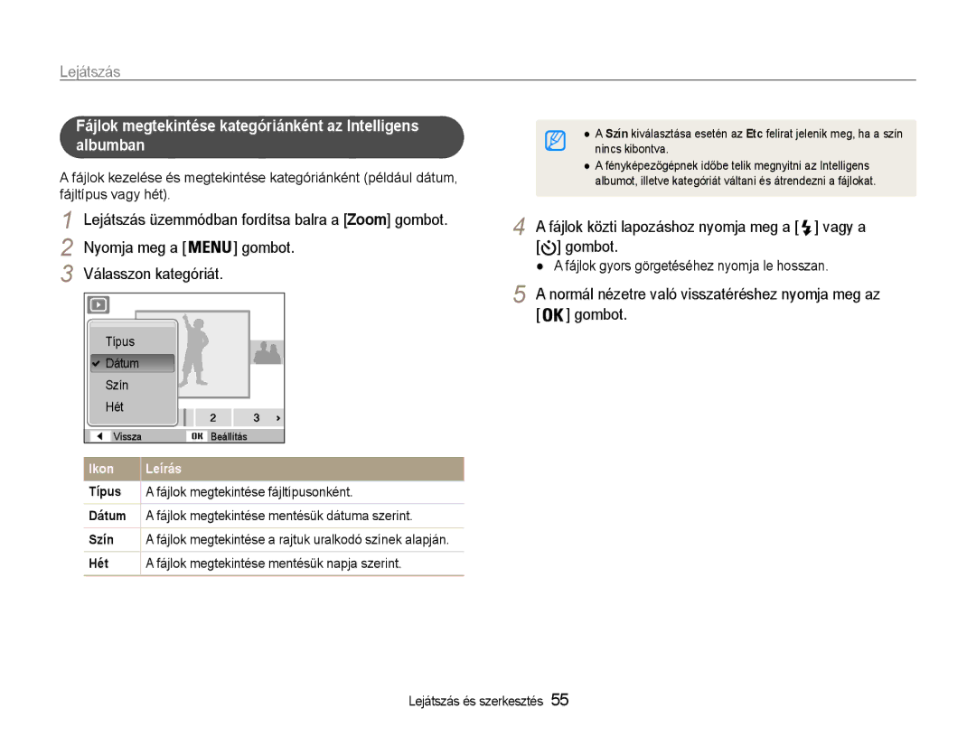 Samsung EC-ST65ZZBPRE3, EC-ST65ZZBPSE1 manual Válasszon kategóriát, Fájlok közti lapozáshoz nyomja meg a vagy a gombot 