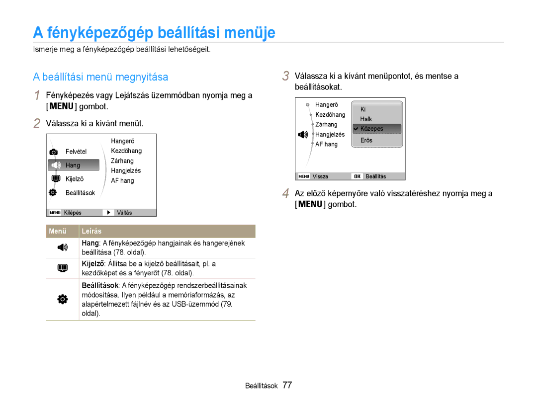 Samsung EC-ST65ZZBPRE2, EC-ST65ZZBPSE1, EC-ST65ZZBPUE1 manual Fényképezőgép beállítási menüje, Beállítási menü megnyitása 