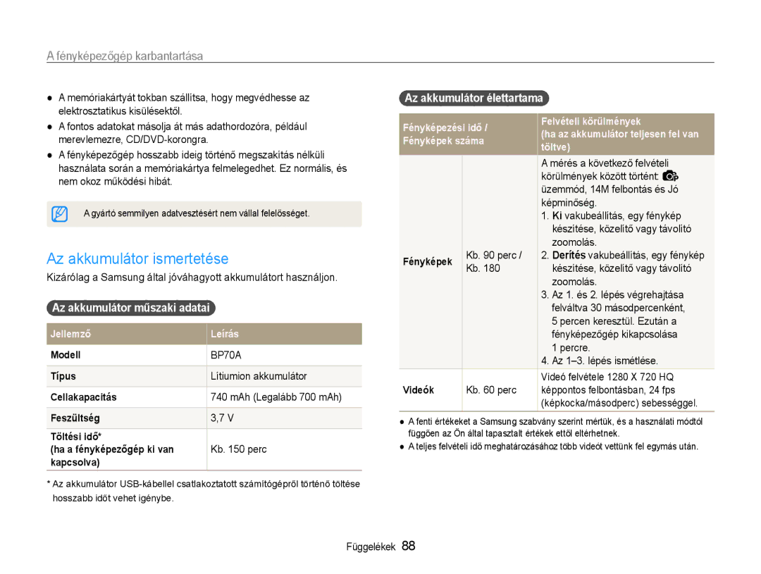 Samsung EC-ST65ZZBPUE2 manual Az akkumulátor ismertetése, Az akkumulátor műszaki adatai, Lítiumion akkumulátor, Kb perc 