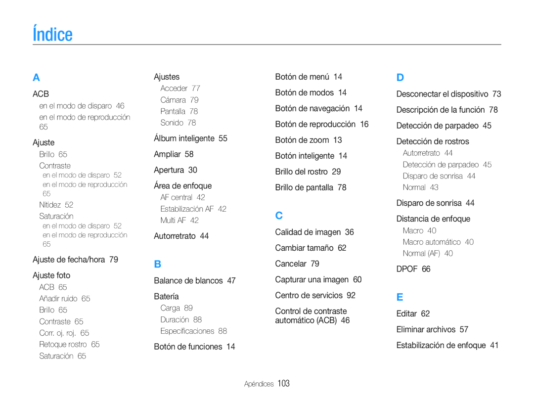 Samsung EC-ST65ZZBPUE1, EC-ST65ZZBPSE1, EC-ST67ZZBPRE1, EC-ST65ZZBPRE1, EC-ST67ZZBPBE1, EC-ST65ZZBPBE1 manual Índice 