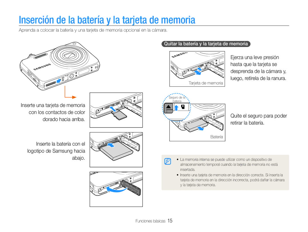 Samsung EC-ST67ZZBPBE1 Inserción de la batería y la tarjeta de memoria, Quite el seguro para poder retirar la batería 