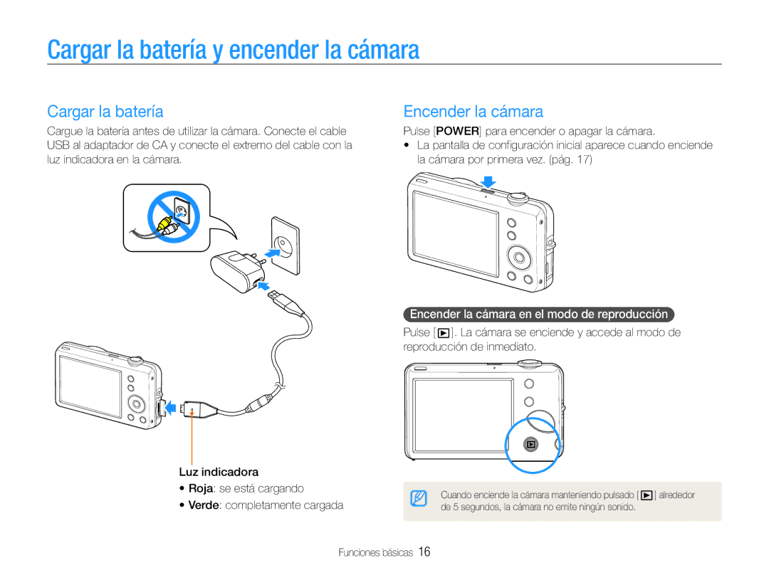 Samsung EC-ST65ZZBPBE1, EC-ST65ZZBPSE1, EC-ST67ZZBPRE1 manual Cargar la batería y encender la cámara, Encender la cámara 