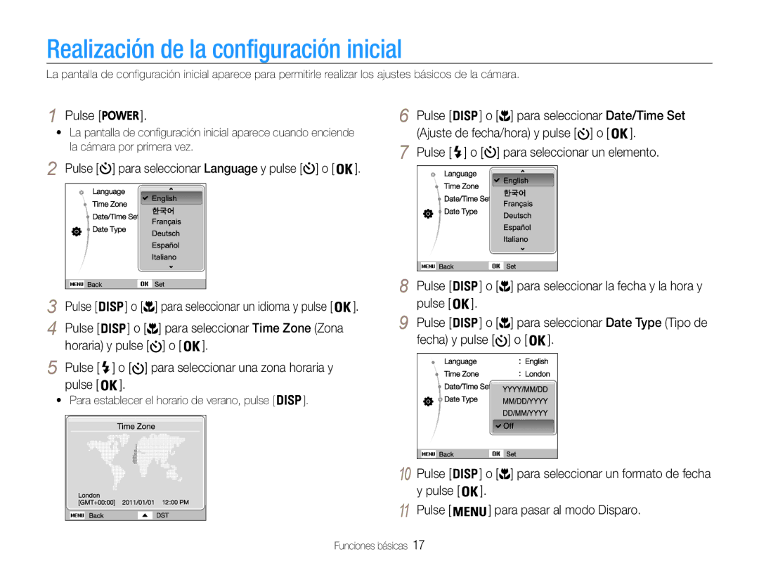 Samsung EC-ST65ZZBPSE1, EC-ST67ZZBPRE1 Realización de la configuración inicial, Pulse Para seleccionar Date/Time Set 