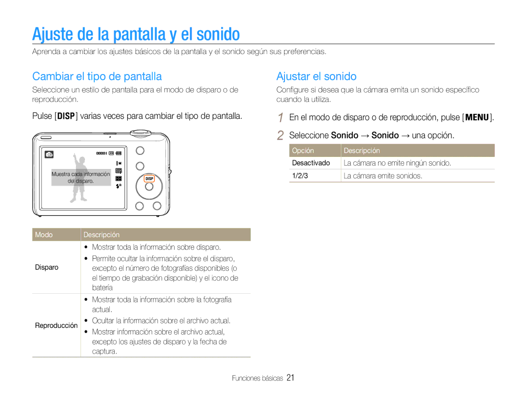 Samsung EC-ST67ZZBPBE1, EC-ST65ZZBPSE1 Ajuste de la pantalla y el sonido, Cambiar el tipo de pantalla, Ajustar el sonido 