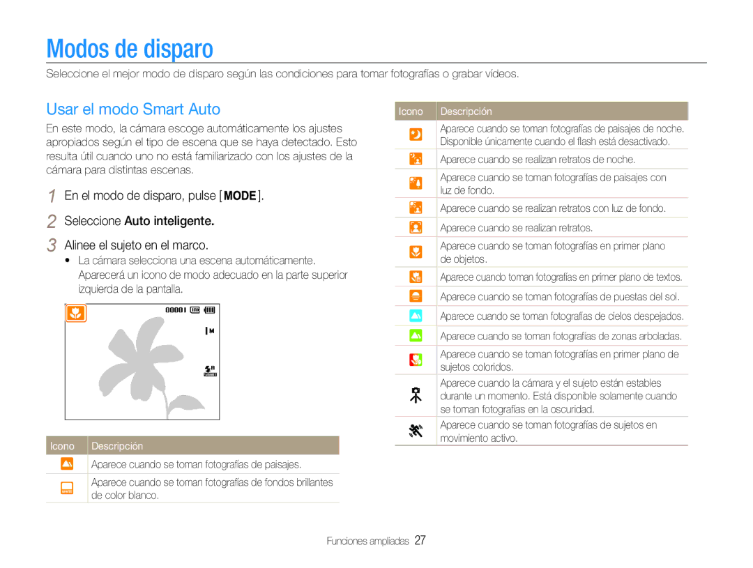 Samsung EC-ST67ZZBPBE1 Modos de disparo, Usar el modo Smart Auto, Seleccione Auto inteligente Alinee el sujeto en el marco 