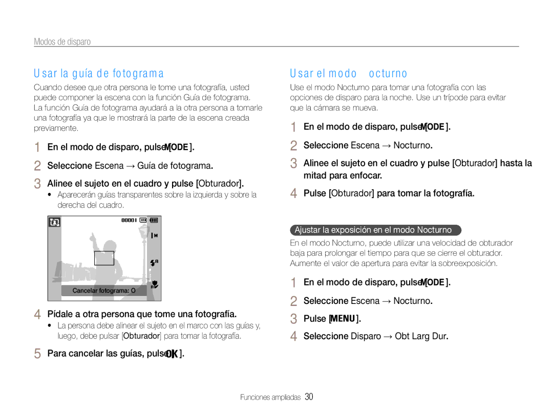 Samsung EC-ST67ZZBPRE1 Usar la guía de fotograma, Usar el modo Nocturno, Pídale a otra persona que tome una fotografía 