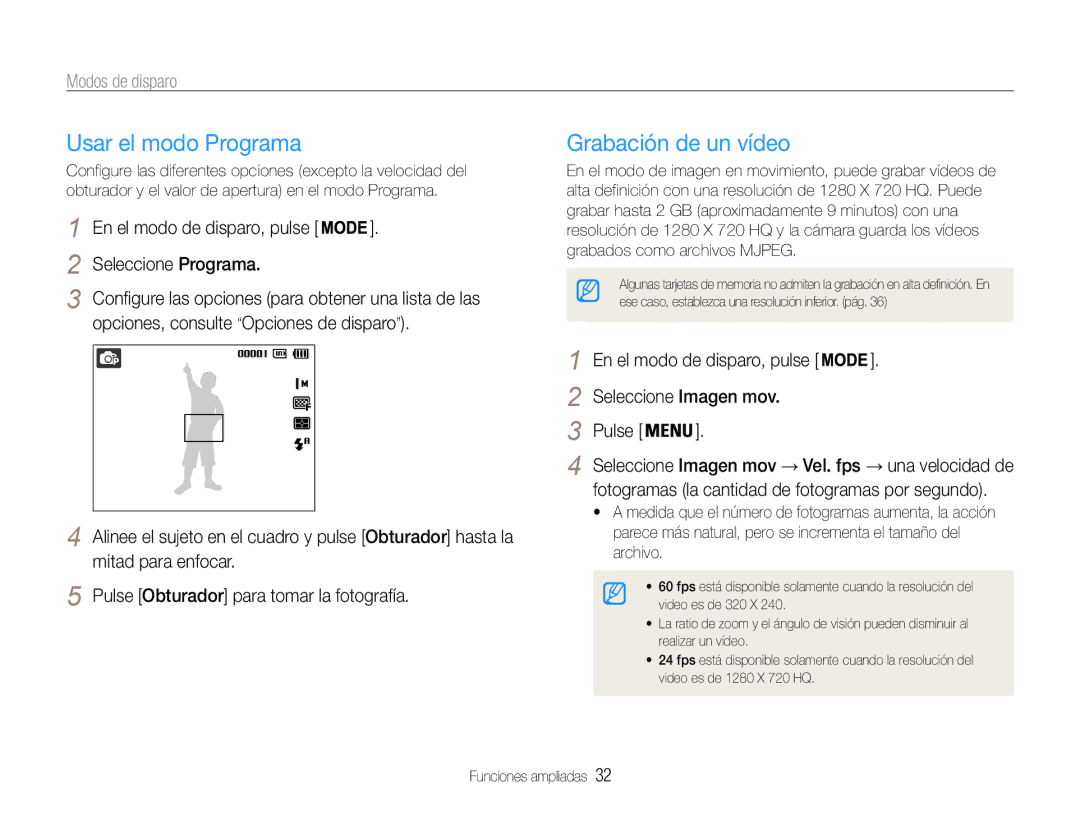 Samsung EC-ST65ZZBPRE1, EC-ST65ZZBPSE1, EC-ST67ZZBPRE1 Usar el modo Programa, Grabación de un vídeo, Seleccione Programa 