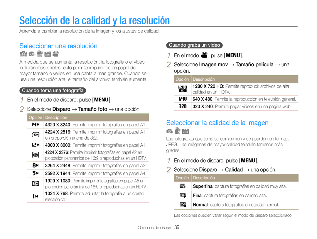 Samsung EC-ST67ZZBPRE1 Selección de la calidad y la resolución, Seleccionar una resolución, En el modo , pulse, Opción 