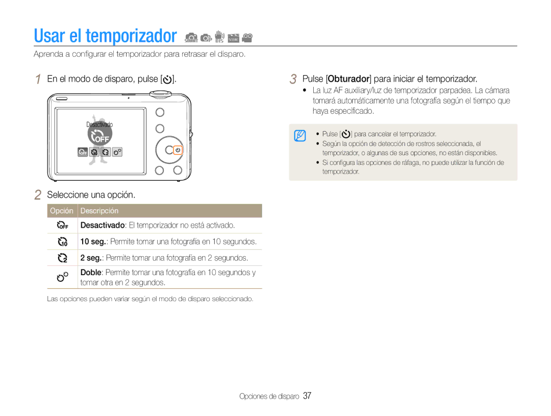 Samsung EC-ST65ZZBPUE1, EC-ST65ZZBPSE1, EC-ST67ZZBPRE1 Usar el temporizador, Pulse Obturador para iniciar el temporizador 