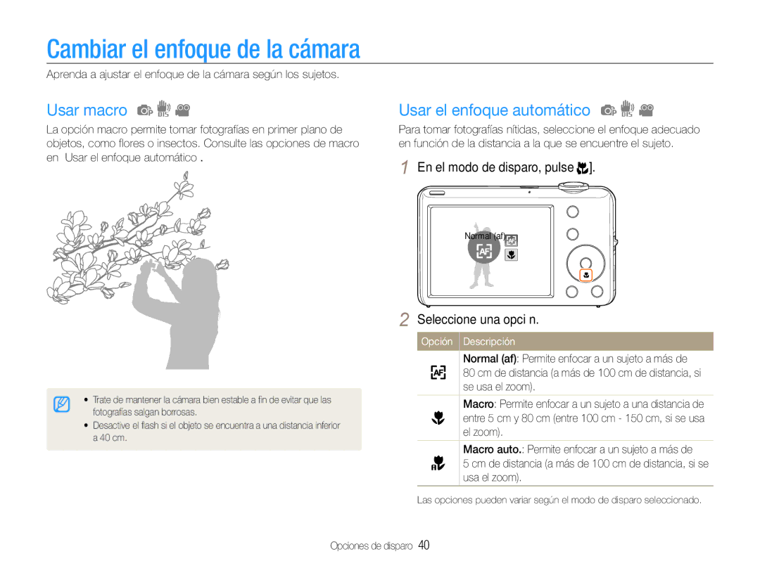 Samsung EC-ST65ZZBPBE1, EC-ST65ZZBPSE1 manual Cambiar el enfoque de la cámara, Usar macro, Usar el enfoque automático 