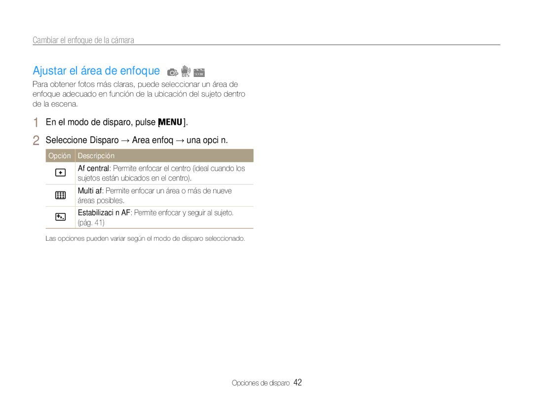 Samsung EC-ST67ZZBPRE1, EC-ST65ZZBPSE1 manual Ajustar el área de enfoque, Seleccione Disparo → Area enfoq → una opción 