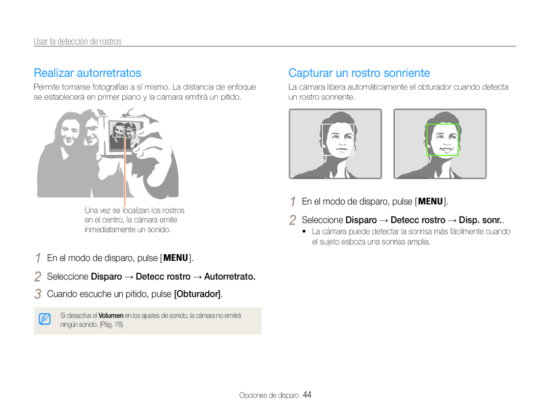 Samsung EC-ST65ZZBPRE1, EC-ST65ZZBPSE1 Realizar autorretratos, Capturar un rostro sonriente, Usar la detección de rostros 