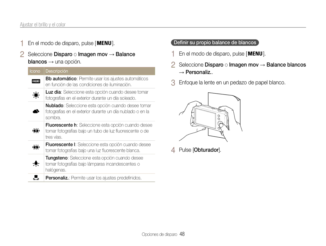 Samsung EC-ST67ZZBPRE1, EC-ST65ZZBPSE1, EC-ST65ZZBPUE1 manual Blancos → una opción, Seleccione Disparo o Imagen mov → Balance 