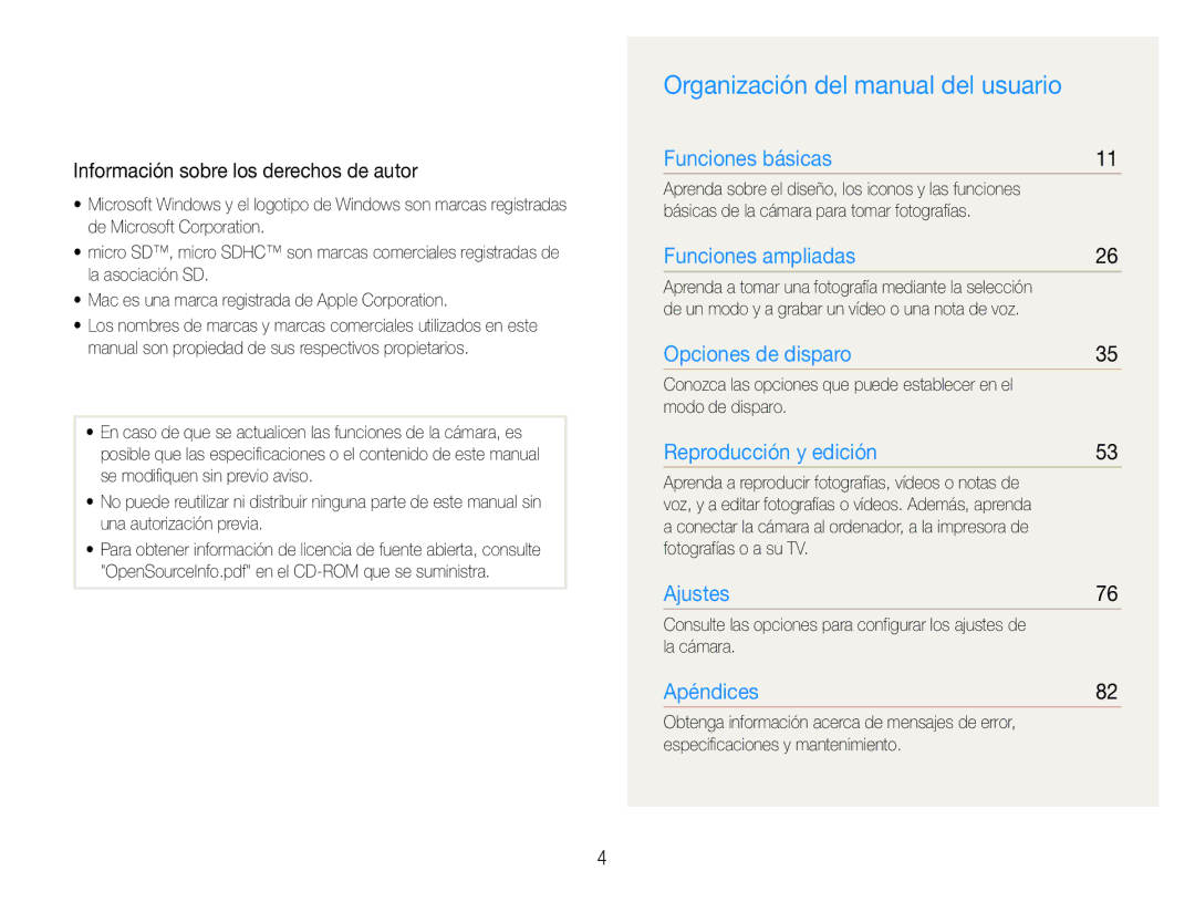 Samsung EC-ST65ZZBPBE1, EC-ST65ZZBPSE1 Organización del manual del usuario, Información sobre los derechos de autor 