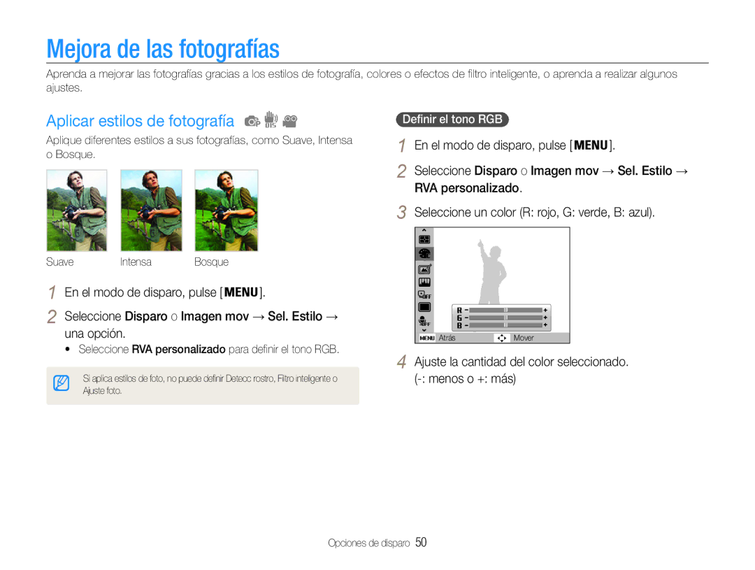 Samsung EC-ST65ZZBPRE1 manual Mejora de las fotografías, Aplicar estilos de fotografía, Una opción, Definir el tono RGB 