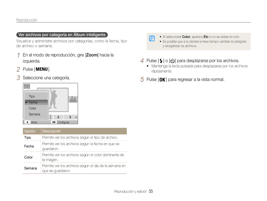 Samsung EC-ST65ZZBPUE1, EC-ST65ZZBPSE1, EC-ST67ZZBPRE1 manual Reproducción, Ver archivos por categoría en Álbum inteligente 