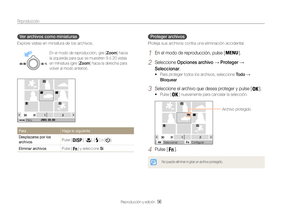 Samsung EC-ST65ZZBPRE1 manual Seleccionar, Ver archivos como miniaturas, Proteger archivos, Para Haga lo siguiente 