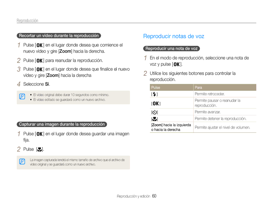 Samsung EC-ST67ZZBPRE1, EC-ST65ZZBPSE1 manual Reproducir notas de voz, Nuevo vídeo y gire Zoom hacia la derecha, Fija Pulse 