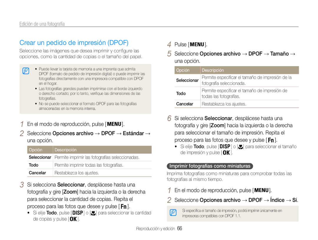 Samsung EC-ST67ZZBPRE1, EC-ST65ZZBPSE1 manual Crear un pedido de impresión Dpof, Imprimir fotografías como miniaturas 
