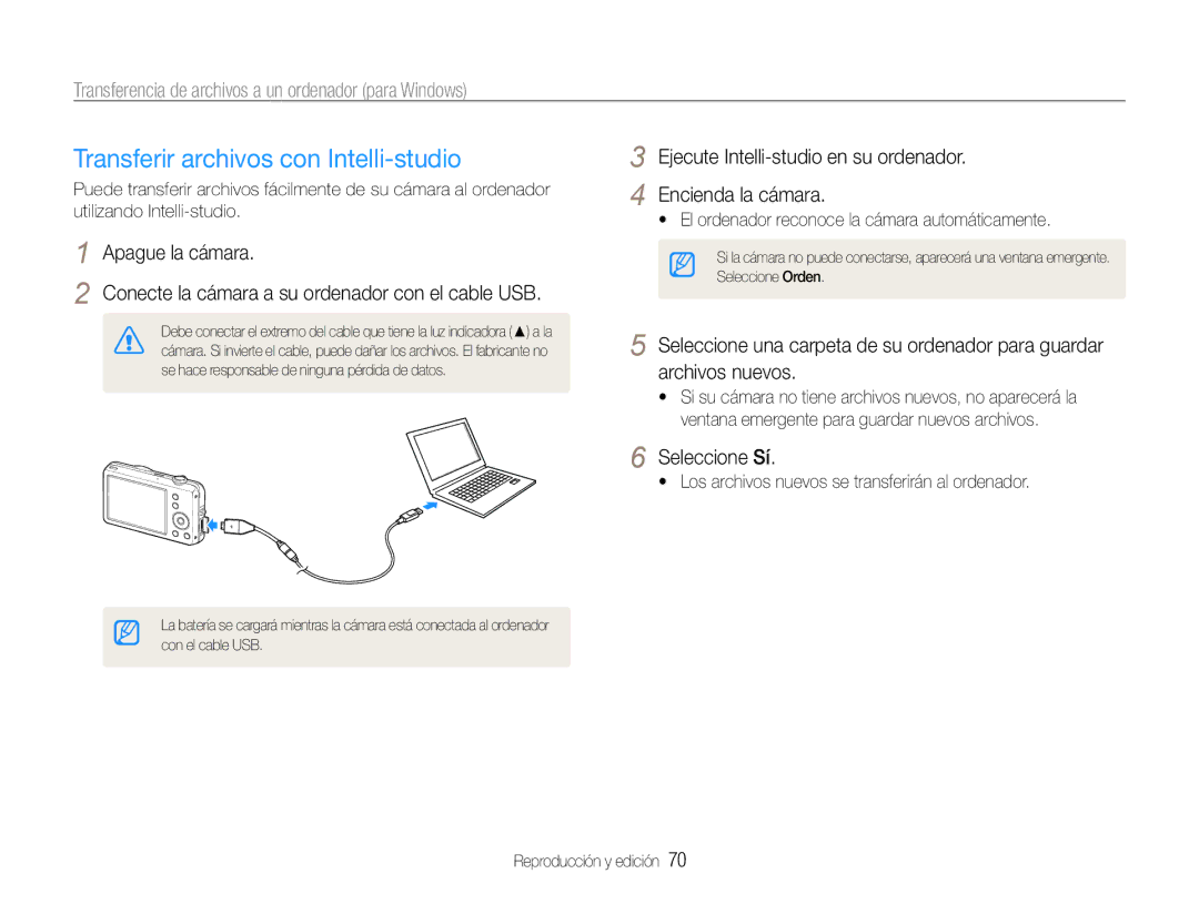 Samsung EC-ST65ZZBPBE1 Transferir archivos con Intelli-studio, Ejecute Intelli-studio en su ordenador Encienda la cámara 