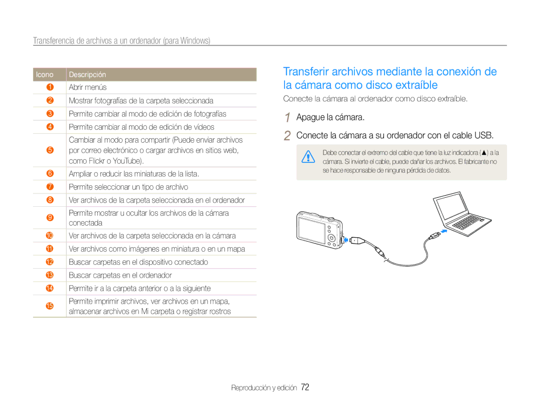 Samsung EC-ST67ZZBPRE1, EC-ST65ZZBPSE1, EC-ST65ZZBPUE1 manual Icono, Conecte la cámara al ordenador como disco extraíble 