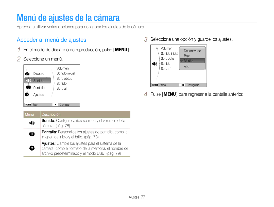 Samsung EC-ST65ZZBPSE1 Menú de ajustes de la cámara, Acceder al menú de ajustes, Seleccione un menú, Menú Descripción 