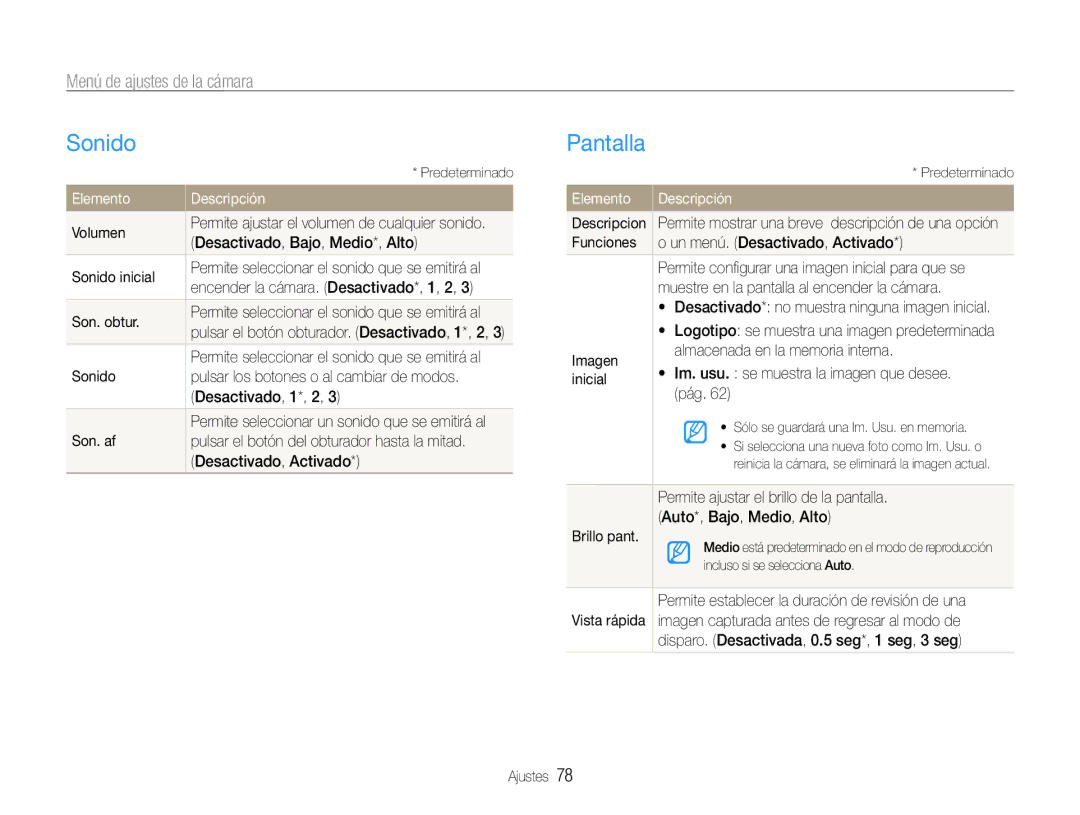 Samsung EC-ST67ZZBPRE1, EC-ST65ZZBPSE1, EC-ST65ZZBPUE1 Sonido, Pantalla, Menú de ajustes de la cámara, Elemento Descripción 
