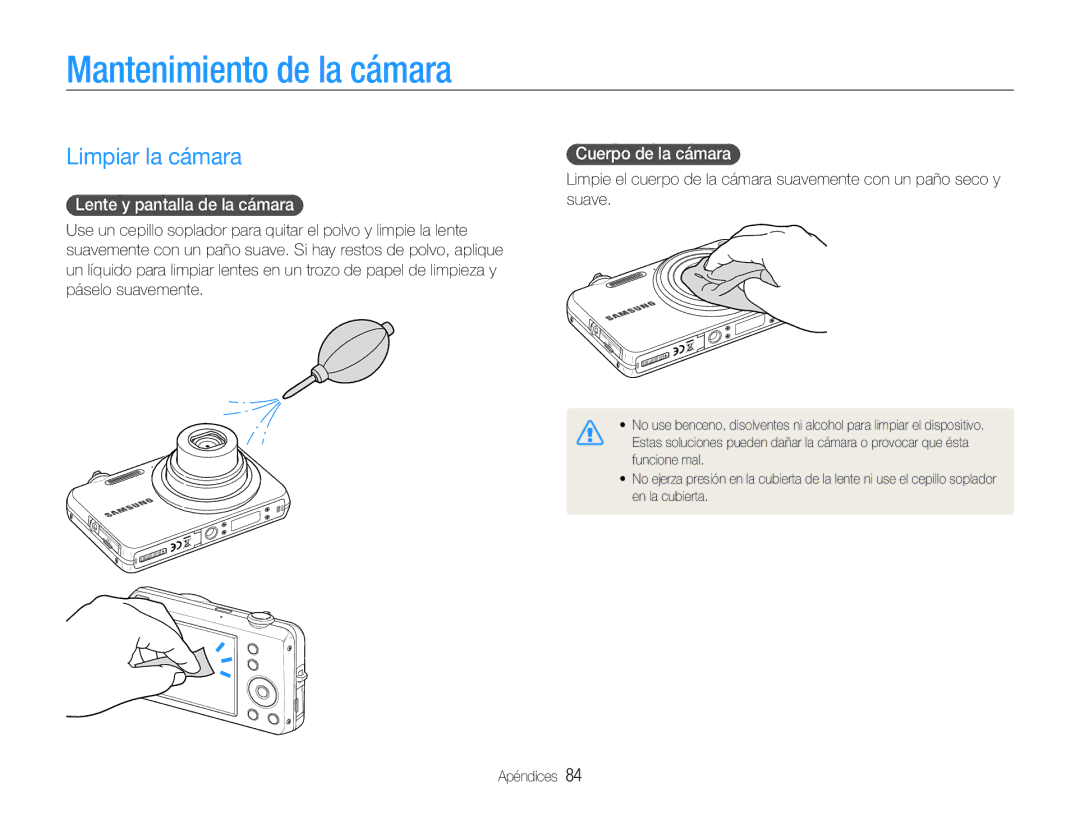 Samsung EC-ST67ZZBPRE1 Mantenimiento de la cámara, Limpiar la cámara, Lente y pantalla de la cámara, Cuerpo de la cámara 