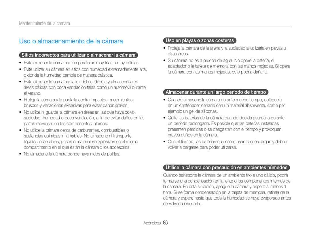 Samsung EC-ST65ZZBPUE1, EC-ST65ZZBPSE1, EC-ST67ZZBPRE1 manual Uso o almacenamiento de la cámara, Mantenimiento de la cámara 